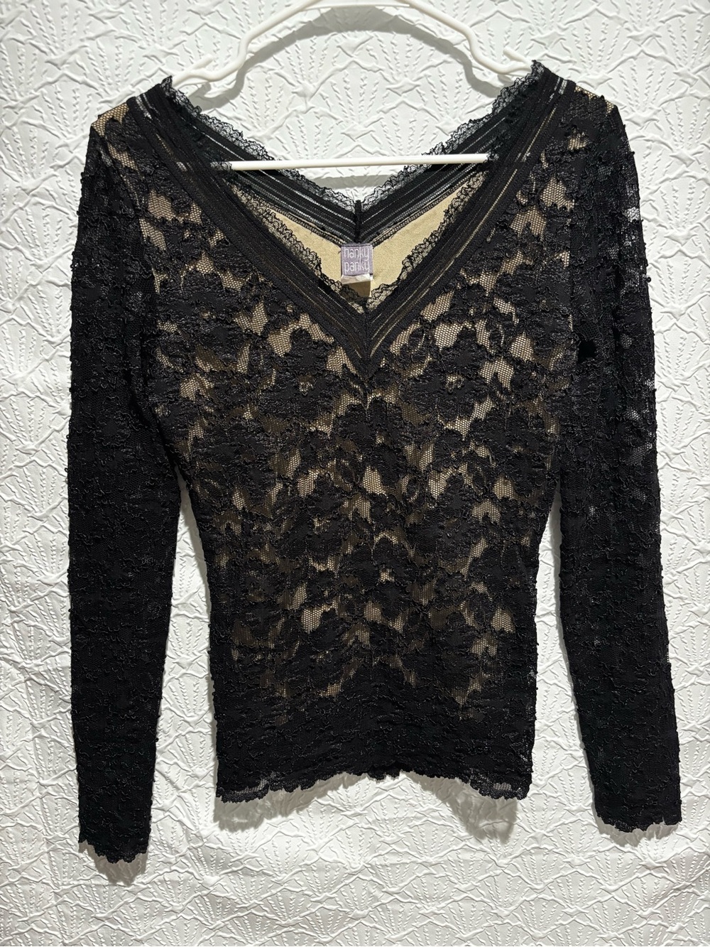 Vintage Hanky Panky Black Lace Top Nude Lined Long Sleeve USA Size Small Y2K